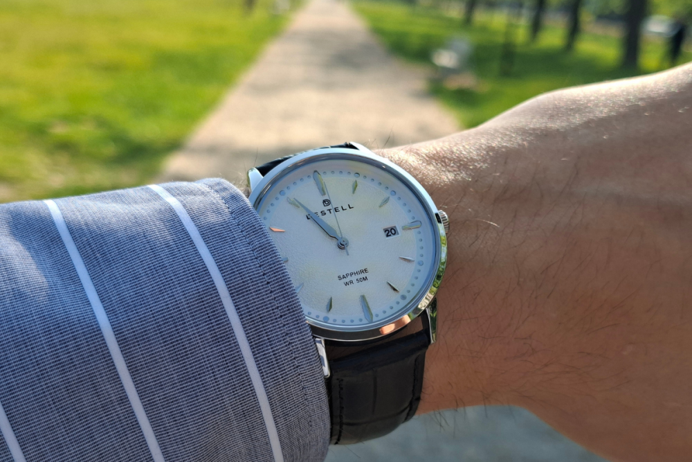 часовник DESTELL Pictor Silver Black Leather Sapphire PT405-55-201L