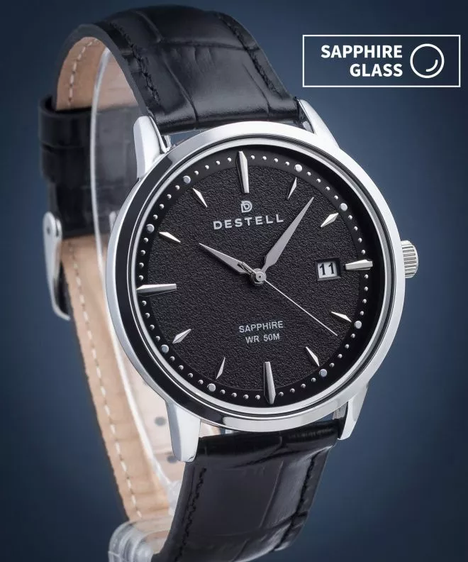 Часовник Мъжки DESTELL Pictor Black Silver Leather Sapphire PT405-15-201L