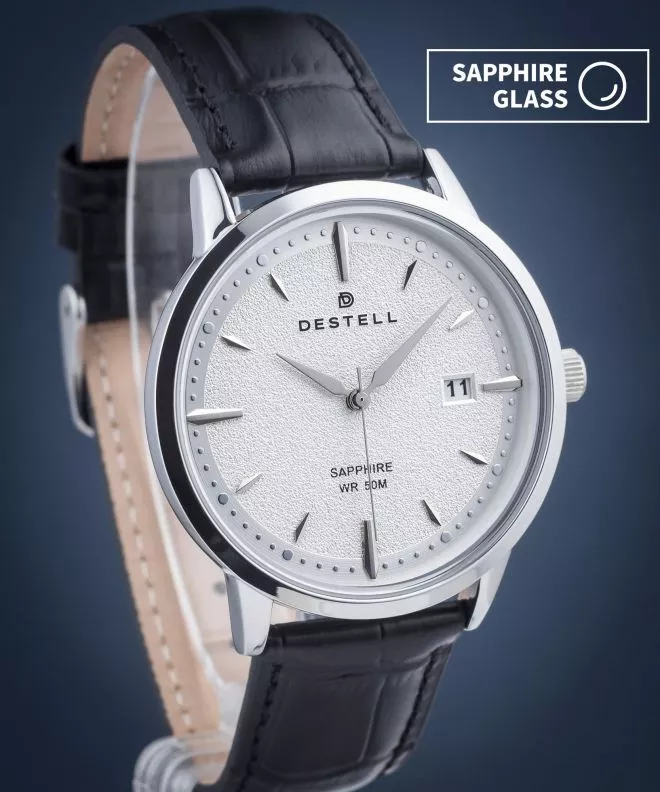 Часовник Мъжки DESTELL Pictor Silver Black Leather Sapphire PT405-55-201L