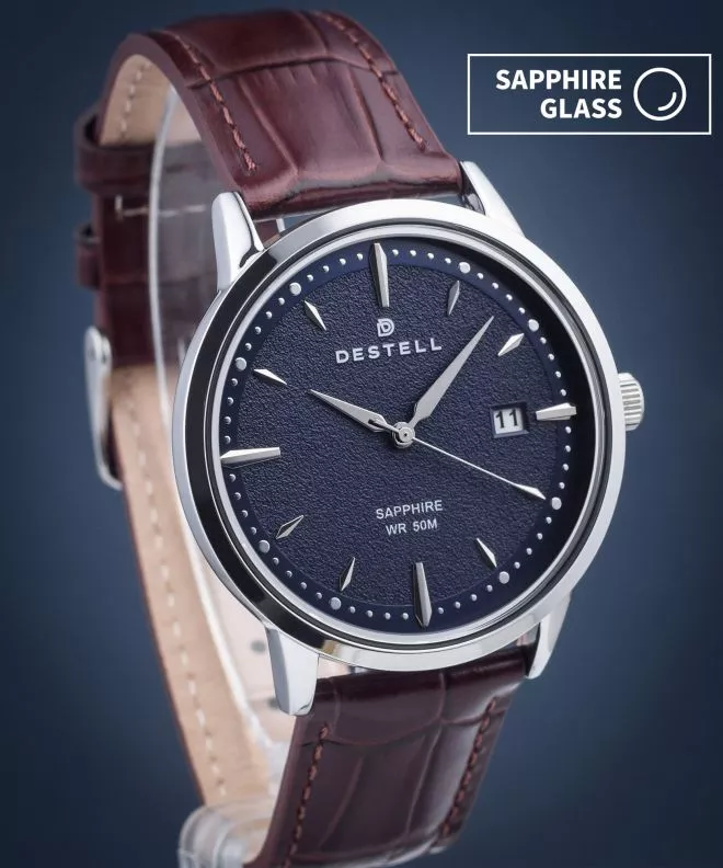 Часовник Мъжки DESTELL Pictor Blue Silver Brown Leather Sapphire PT405-35-209L