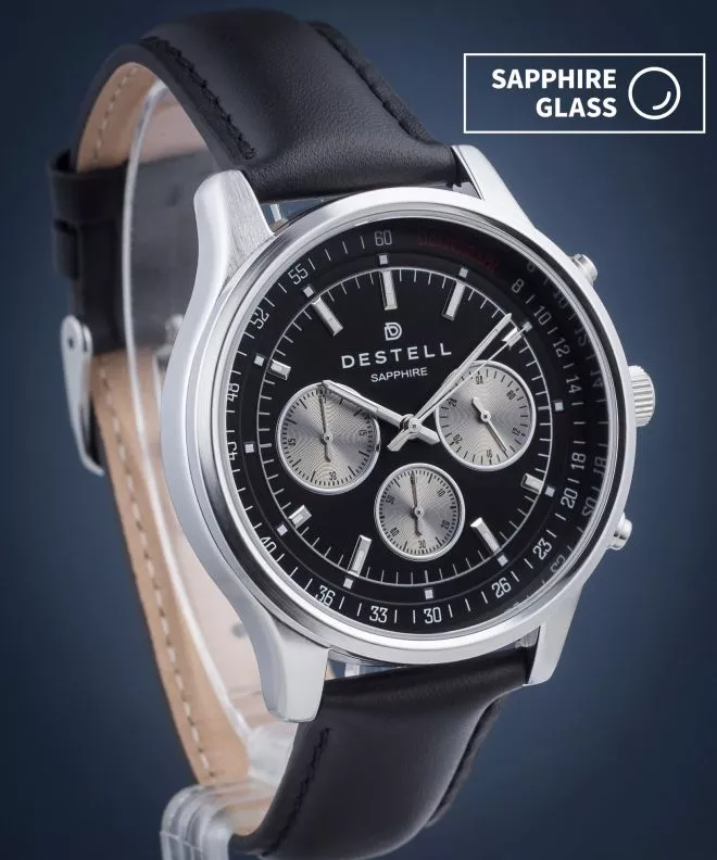 Часовник Мъжки DESTELL Circinus Black Silver Leather Chronograph Sapphire CR415-15-201L