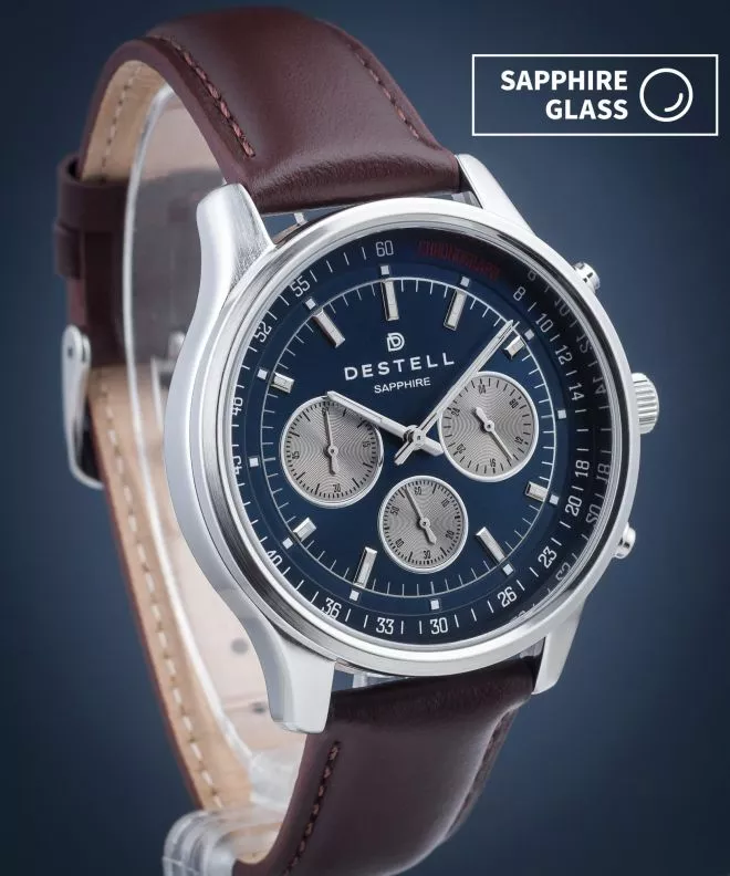 Часовник Мъжки DESTELL Circinus Navy Blue Silver Brown Leather Chronograph Sapphire CR415-15-206L