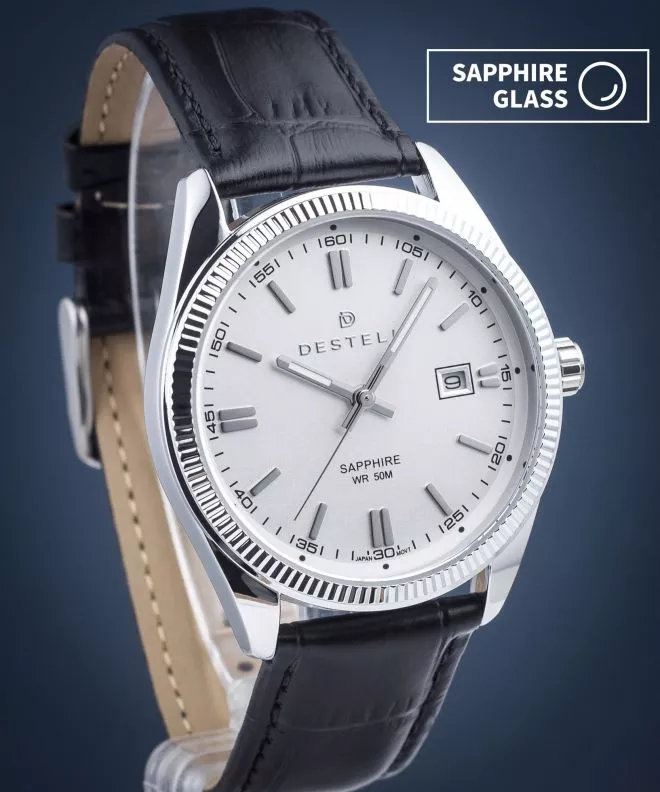 Часовник Мъжки DESTELL Loup White Silver Black Leather Sapphire LU3855-25-201L