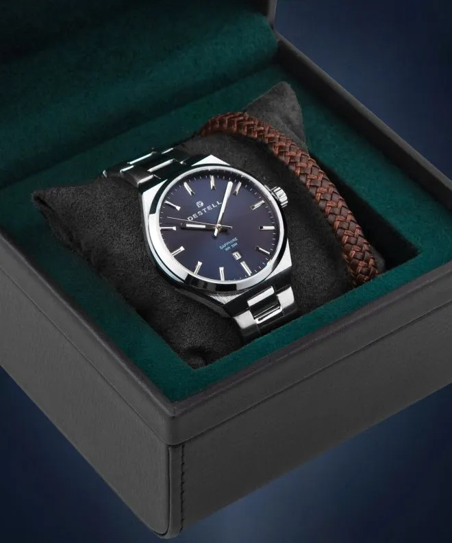 Часовник Мъжки DESTELL Aries Navy Blue Silver Steel Sapphire Gift Set AR405-35-205S-9520-02