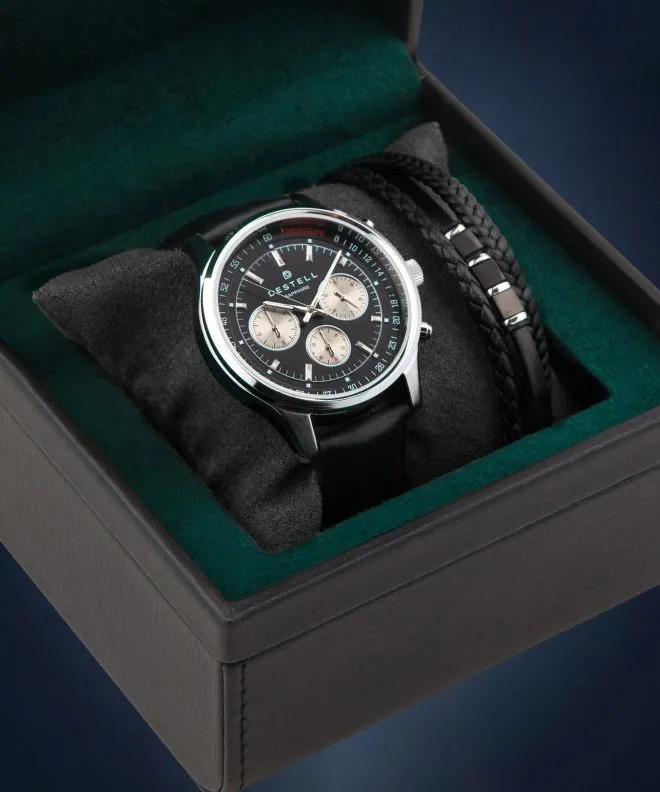 Часовник Мъжки DESTELL Circinus Black Silver Leather Chronograph Sapphire Gift Set CR415-15-201L-1520-03
