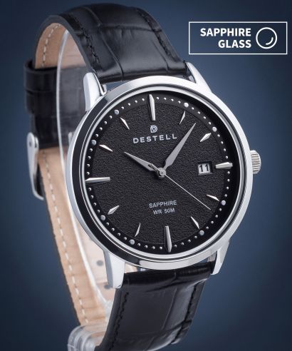 Часовник Мъжки DESTELL Pictor Black Silver Leather Sapphire
