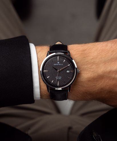 Часовник Мъжки DESTELL Pictor Black Silver Leather Sapphire