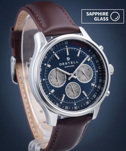 Часовник Мъжки DESTELL Circinus Navy Blue Silver Brown Leather Chronograph Sapphire
