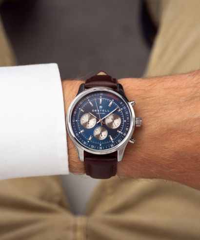 Часовник Мъжки DESTELL Circinus Navy Blue Silver Brown Leather Chronograph Sapphire