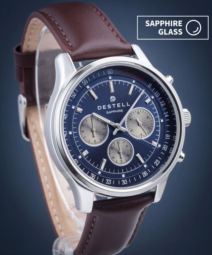 Часовник Мъжки DESTELL Circinus Blue Silver Brown Leather Chronograph Sapphire