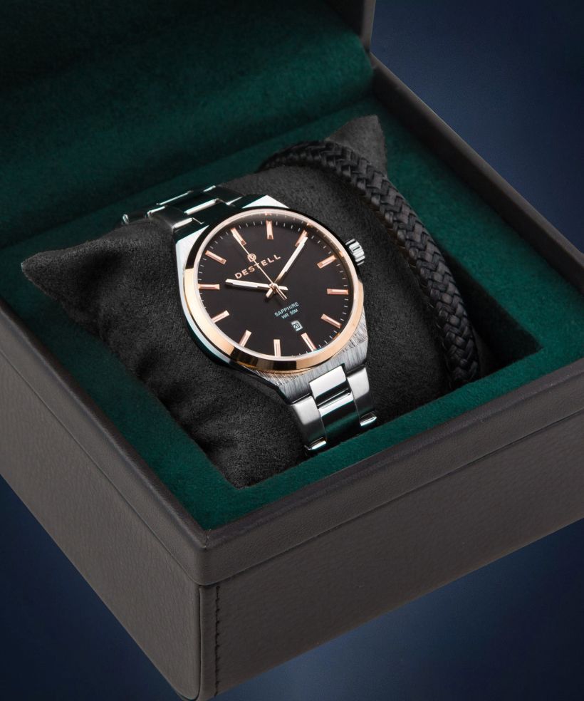 Часовник Мъжки DESTELL Aries Black Silver Steel Sapphire Gift Set