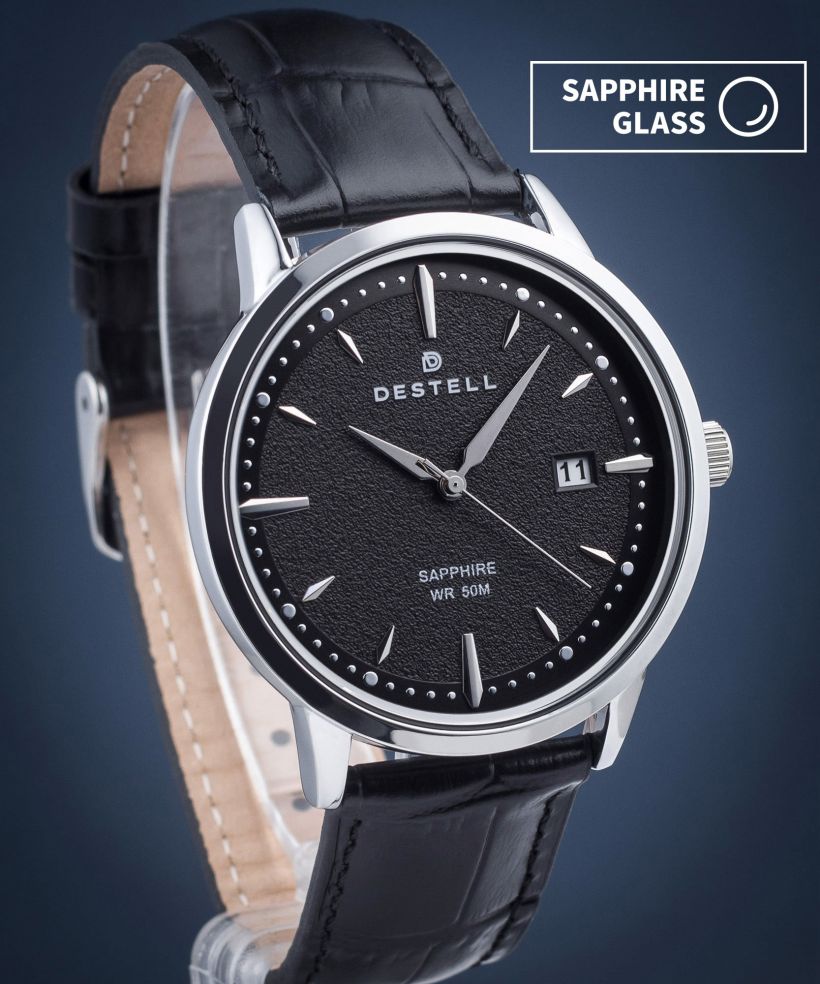Часовник Мъжки DESTELL Pictor Black Silver Leather Sapphire