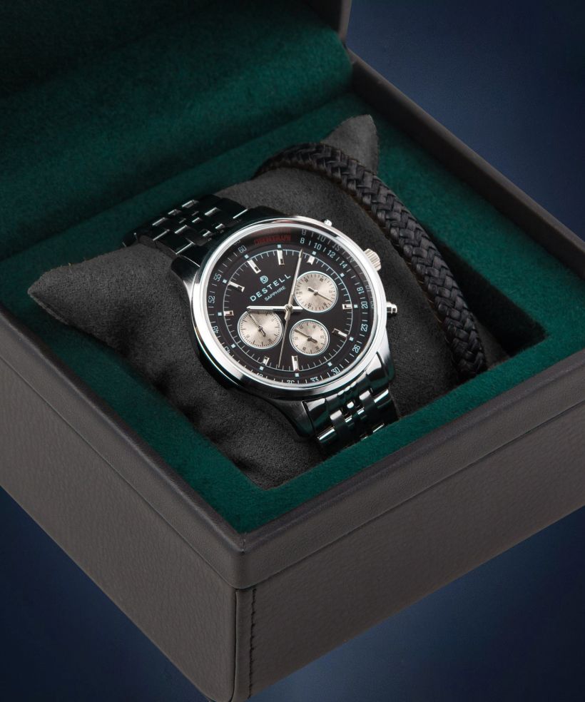 Часовник Мъжки DESTELL Circinus Black Silver Steel Chrono Sapphire Gift Set
