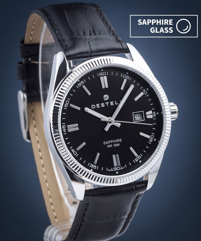 Часовник Мъжки DESTELL Loup Black Silver Leather Sapphire