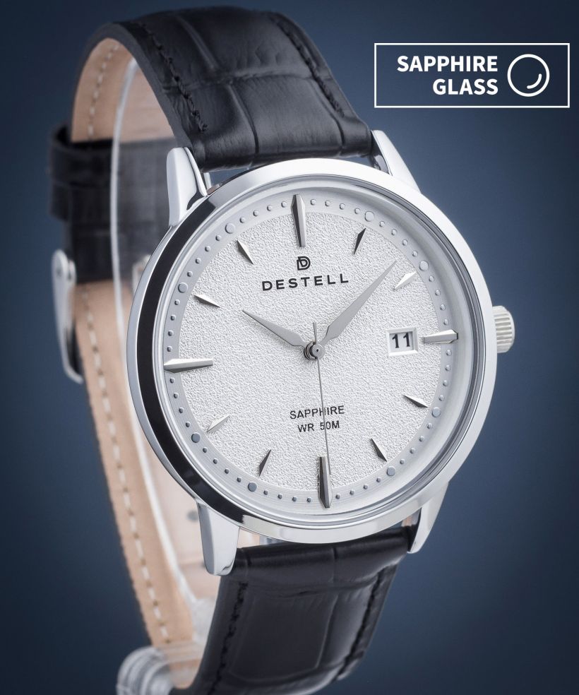 Часовник Мъжки DESTELL Pictor Silver Black Leather Sapphire