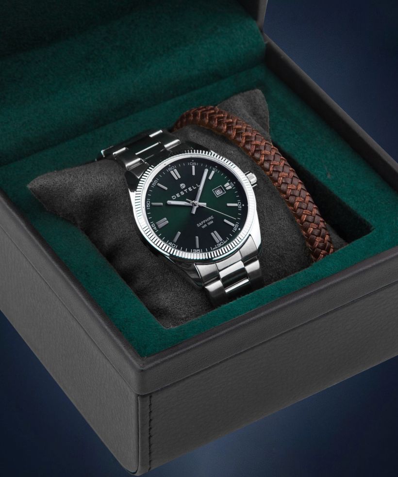 Часовник Мъжки DESTELL Loup Green Silver Steel Sapphire Gift Set