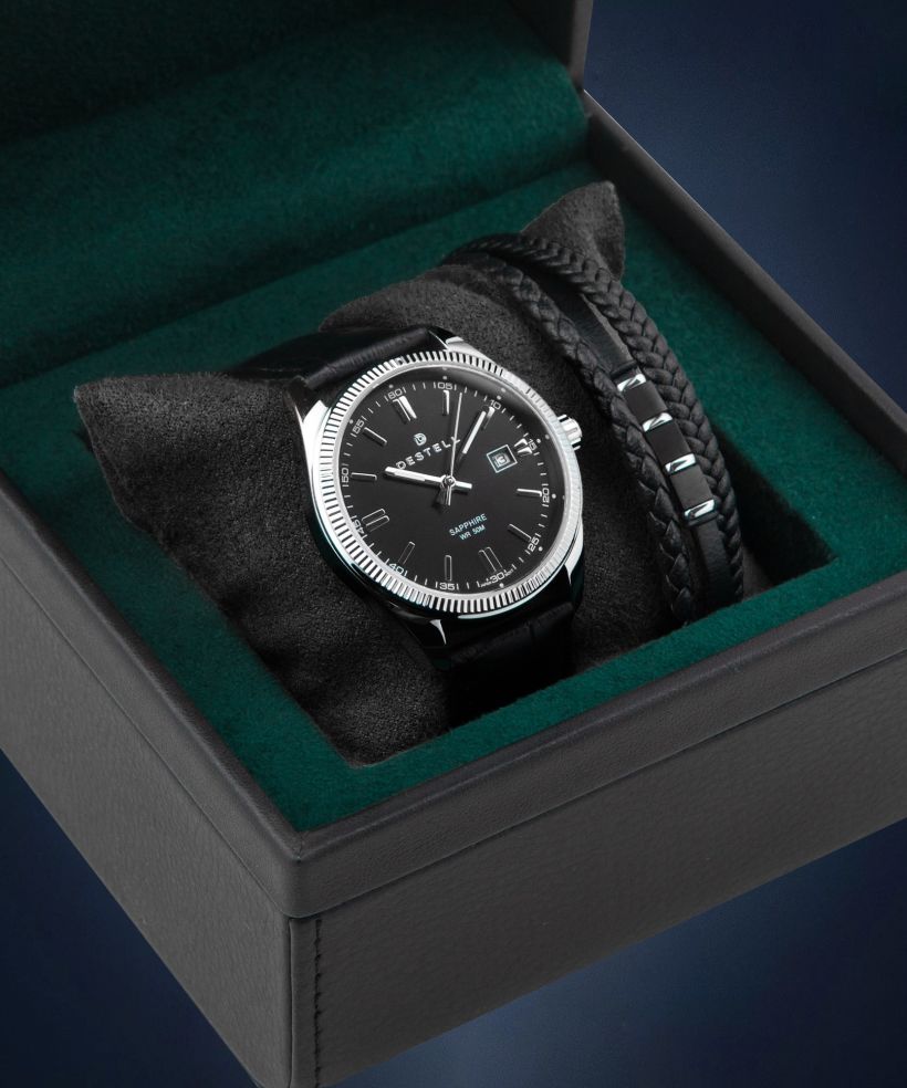 Часовник Мъжки DESTELL Loup Black Silver Leather Sapphire Gift Set