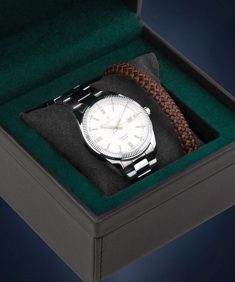 Часовник Мъжки DESTELL Loup White Silver Steel Sapphire Gift Set