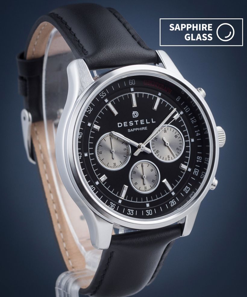 Часовник Мъжки DESTELL Circinus Black Silver Leather Chronograph Sapphire