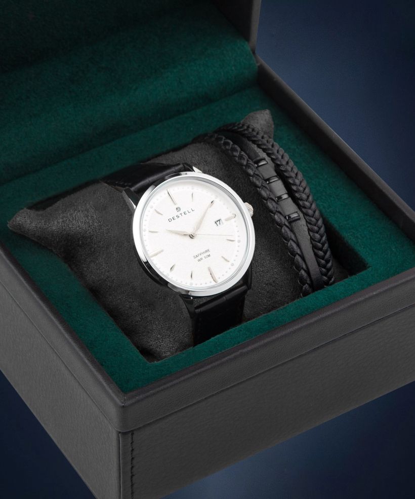 Часовник Мъжки DESTELL Pictor Silver Black Leather Sapphire Gift Set