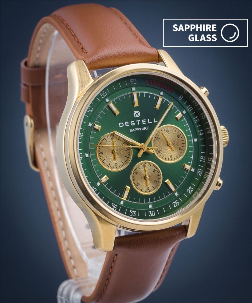 Часовник Мъжки DESTELL Circinus Green Gold Brown Leather Chronograph Sapphire