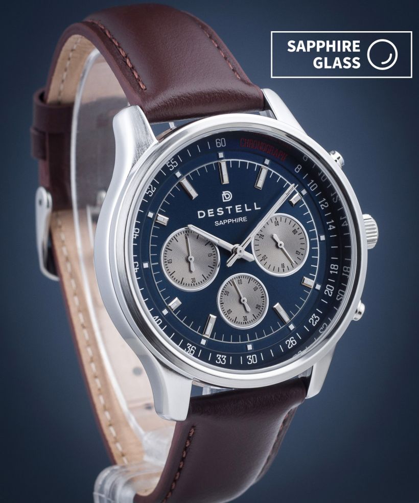 Часовник Мъжки DESTELL Circinus Navy Blue Silver Brown Leather Chronograph Sapphire
