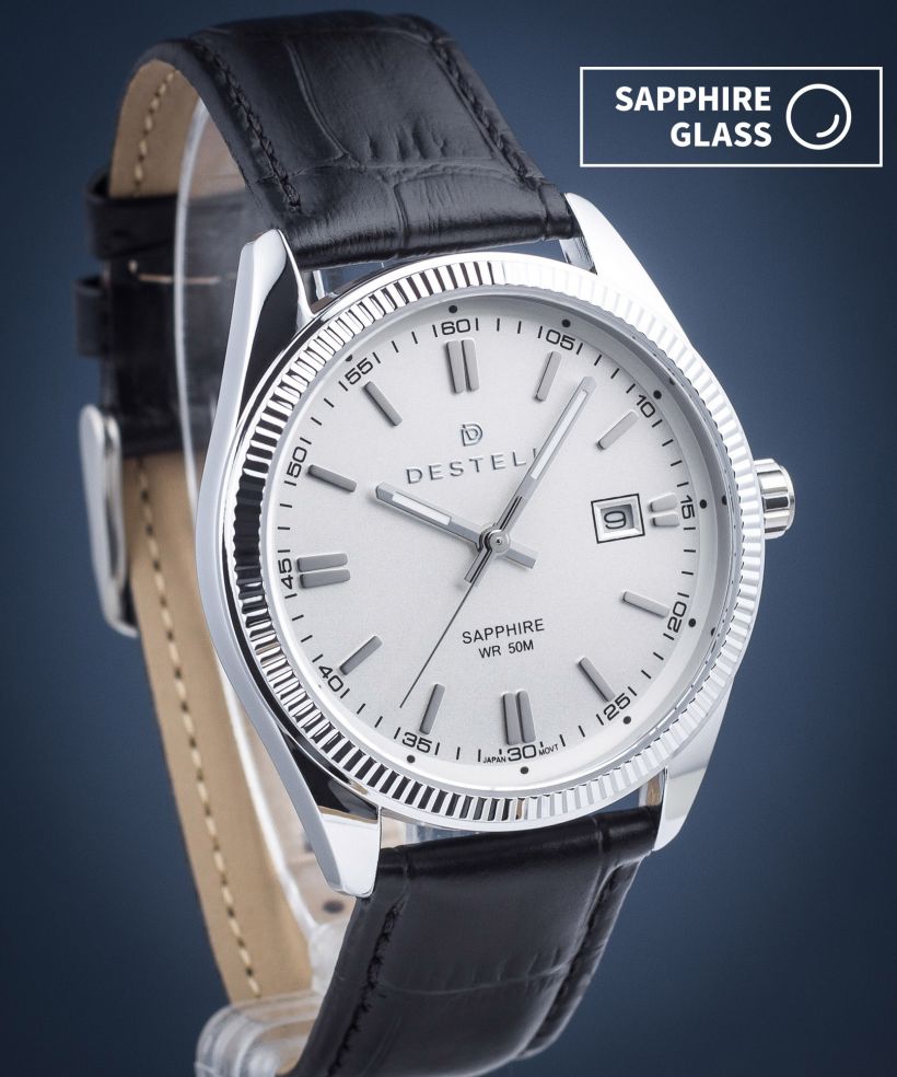 Часовник Мъжки DESTELL Loup White Silver Black Leather Sapphire
