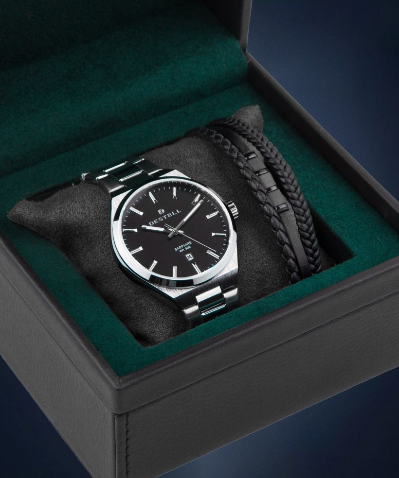 Часовник Мъжки DESTELL Aries Black Silver Steel Sapphire Gift Set