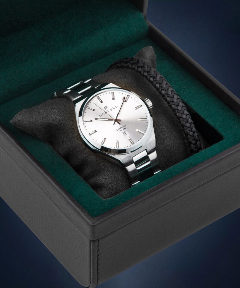 Часовник Мъжки DESTELL Aries Full Silver Steel Sapphire Gift Set