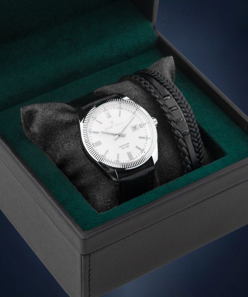 Часовник Мъжки DESTELL Loup White Silver Black Leather Sapphire Gift Set