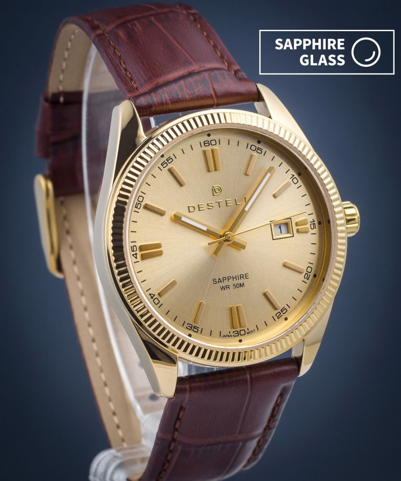Часовник Мъжки DESTELL Loup Gold Brown Leather Sapphire