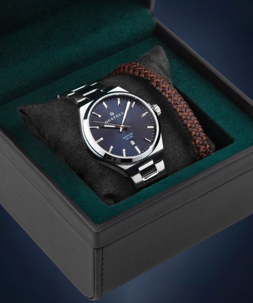 Часовник Мъжки DESTELL Aries Navy Blue Silver Steel Sapphire Gift Set