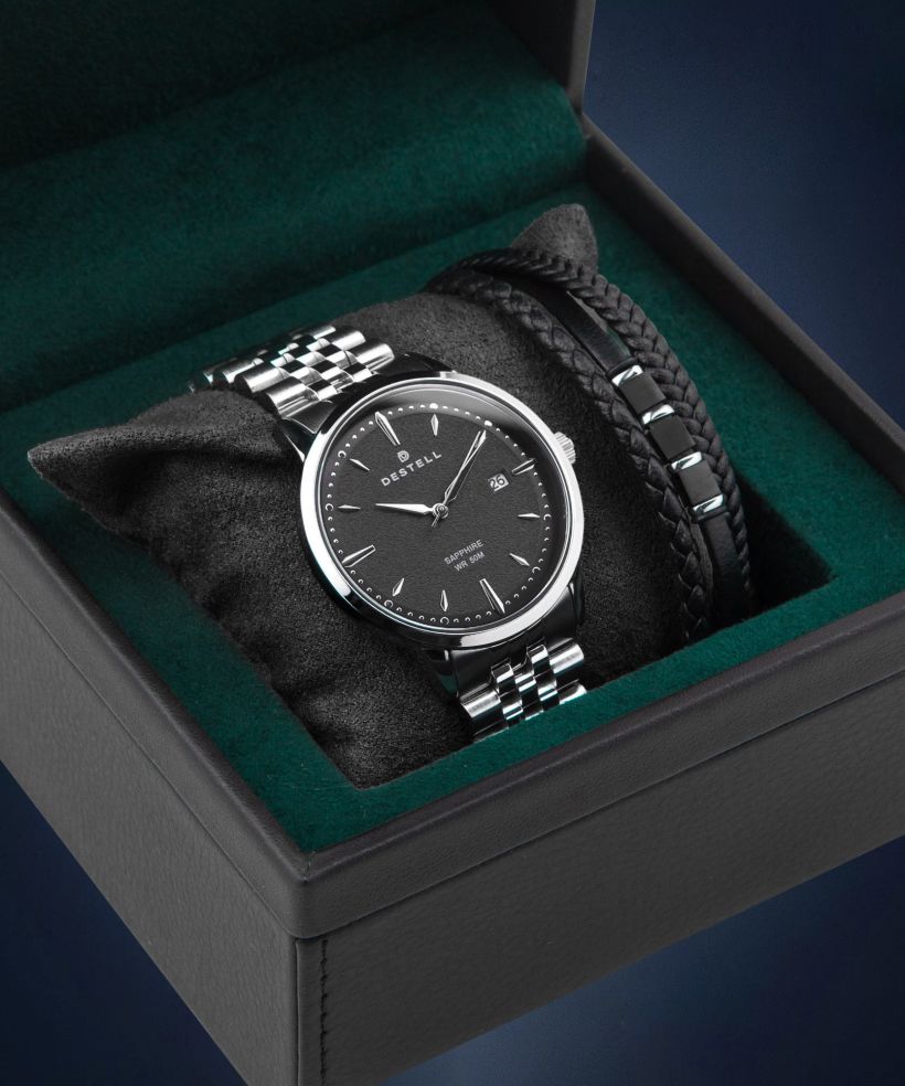 Часовник Мъжки DESTELL Pictor Black Silver Steel Sapphire Gift Set