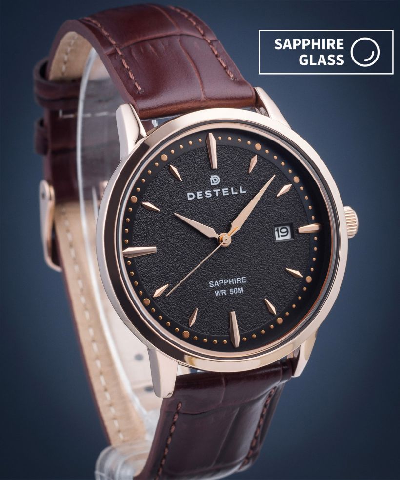 Часовник Мъжки DESTELL Pictor Black Rose Gold Brown Leather Sapphire
