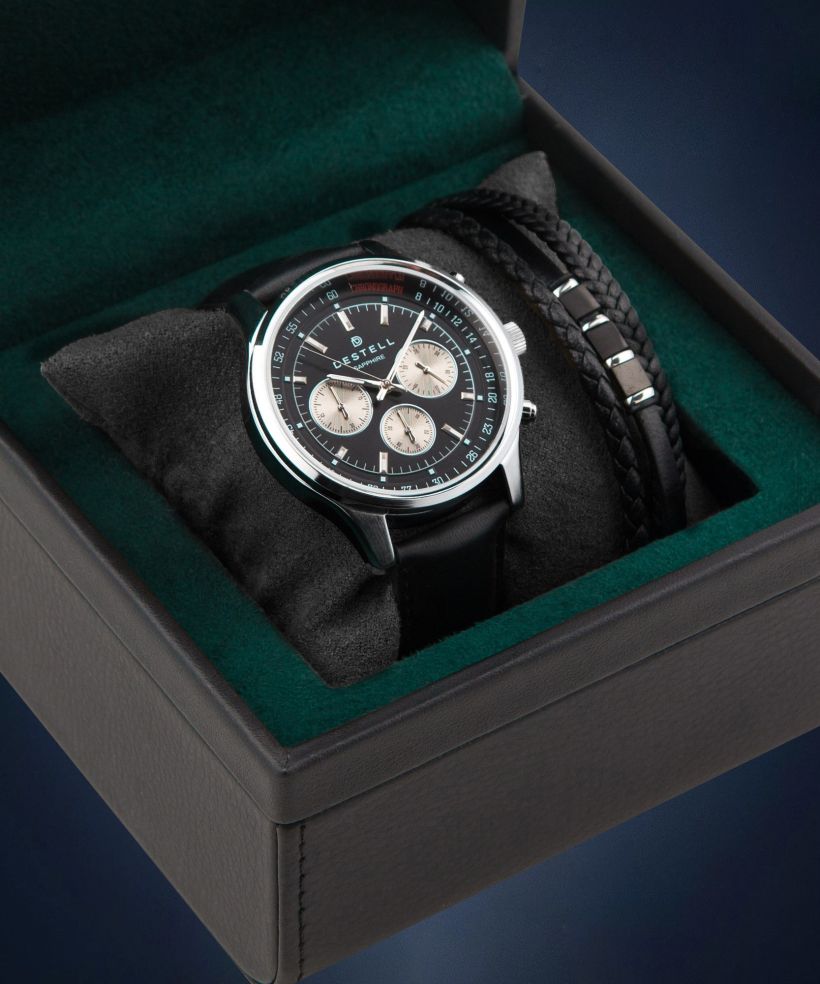 Часовник Мъжки DESTELL Circinus Black Silver Leather Chronograph Sapphire Gift Set