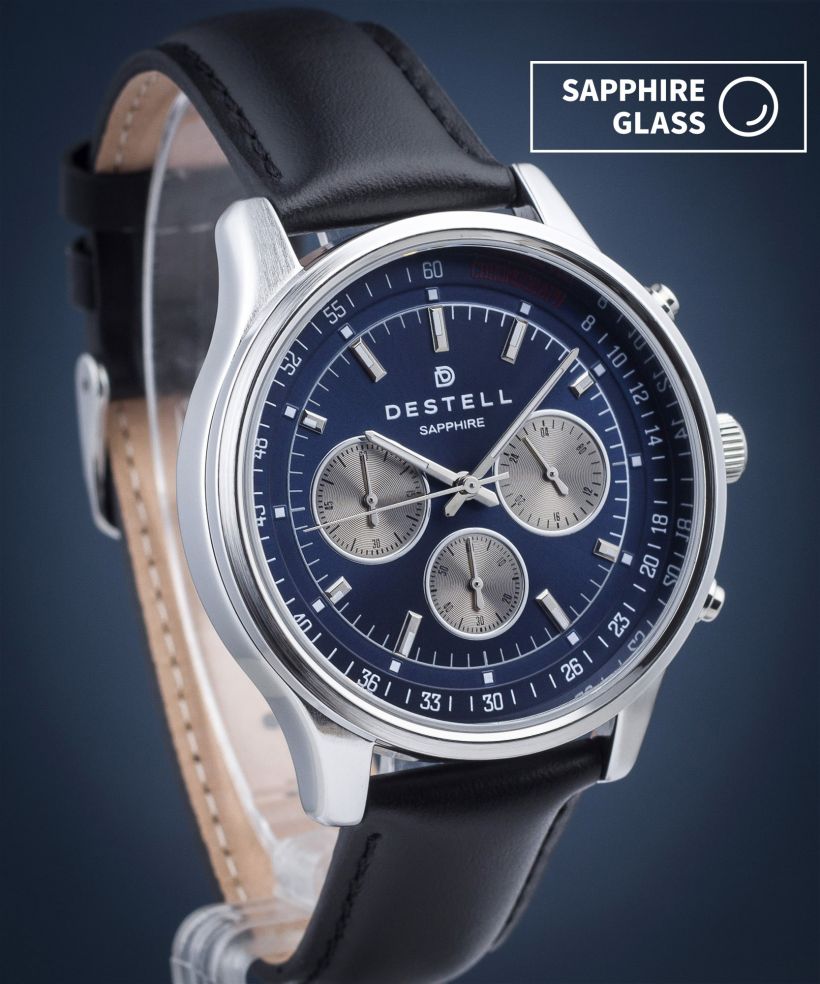 Часовник Мъжки DESTELL Circinus Blue Silver Black Leather Chronograph Sapphire