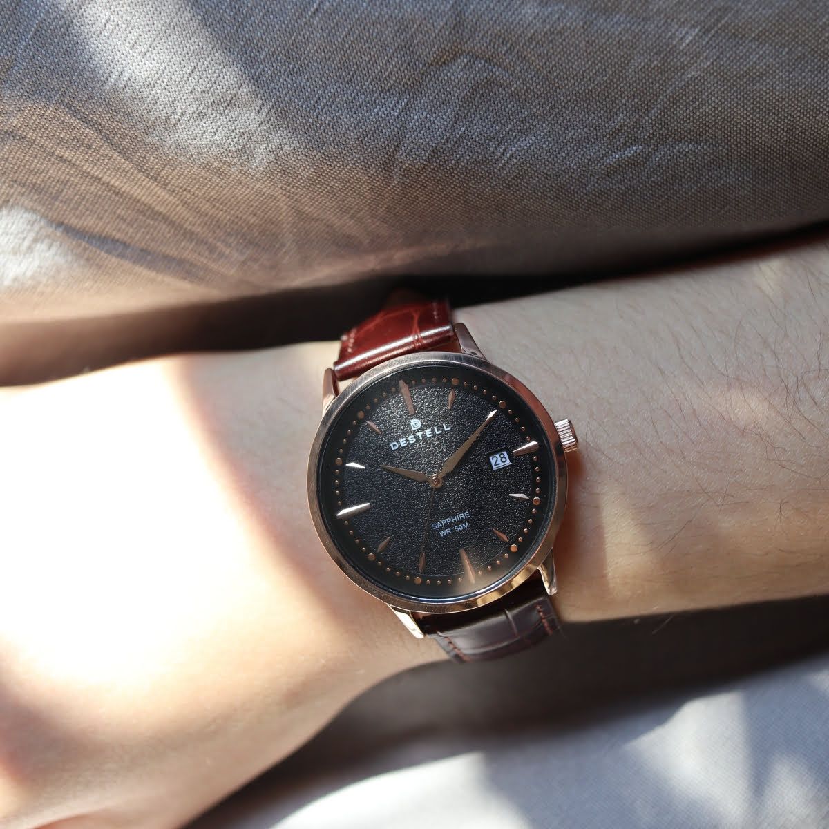 Часовник Мъжки DESTELL Pictor Black Rose Gold Brown Leather Sapphire
